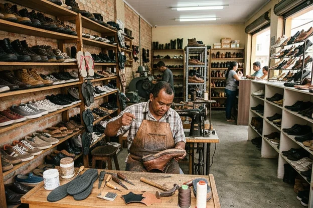 Diferentes modelos de sapatos expostos em loja de calçados em Manaus.