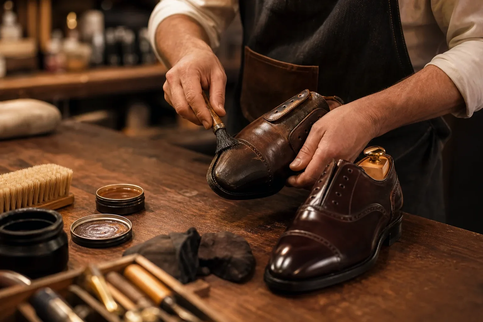 Reforma de sapatos sociais sendo feita por um sapateiro em Manaus.